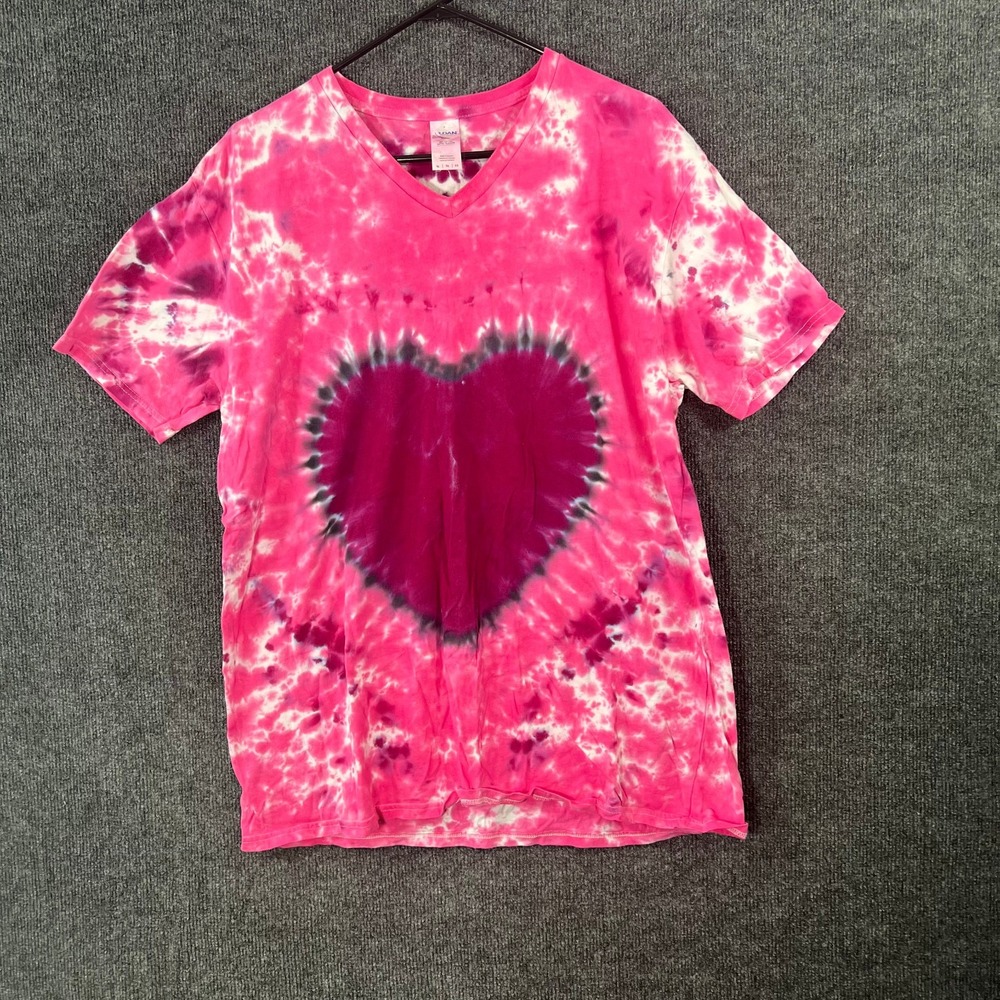 Custom Heart Tie Dye V-Neck Graphic T-Shirt Unisex XL Pink Purple White boho